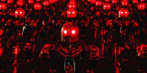 An army of evil looking robots with red eyes standing in formation.