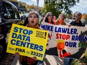 Demonstrators hold signs outside the Westchester Black Women's Political Caucus, Inc. (WBWPC) candidate's forum with Representative Michael Lawler, a Republican from New York, and Cait Conley, Democratic US Congressional candidate for New York, not pictured, at the Ford Administration Building in Peekskill, New York, US, on Saturday, Oct. 24, 2026. The 17th Congressional district is one of the few that was carried by Democratic presidential nominee Kamala Harris in 2024 but is represented by a Republican in the House, making it a prime target for Democrats seeking to pick up a seat and potentially flip control of the House. Photographer: Adam Gray/Bloomberg via Getty Images