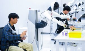 Staff members conduct data collection for various scenarios at a company’s embodied?AI robot data collection and training center in Suqian, East China’s Jiangsu Province on September 3, 2026. Through real-robot simulation, on-site operations, and human-robot collaboration, the center precisely captures multi-dimensional core data such as vision, motion, and environment data, laying a solid data foundation for the optimization and iteration of embodied-AI models. Photo: VCG