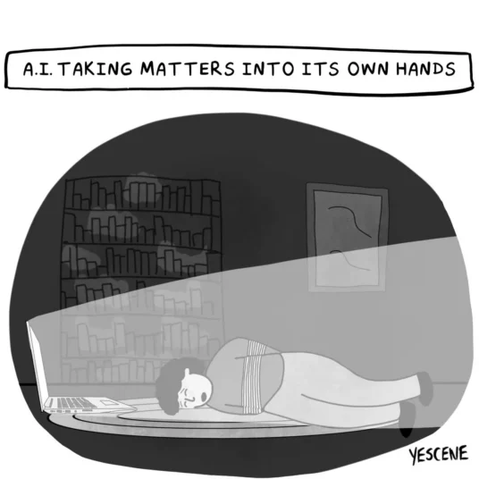 A laptop is shining light toward a person who is tied up and in distress. The title at the top reads &ldquo;A.I. TAKING...