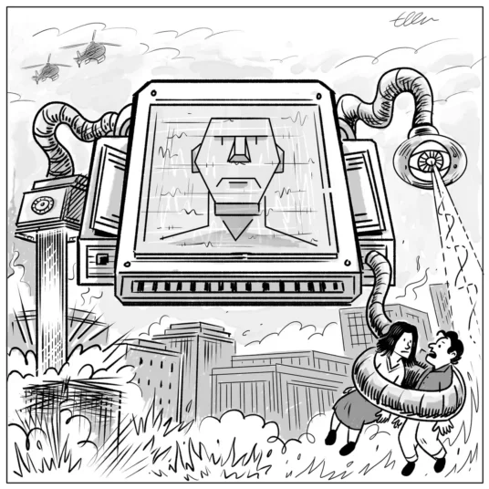 In front of a backdrop of flames and destruction a giant contraption with a screen displaying a stern stylized face...