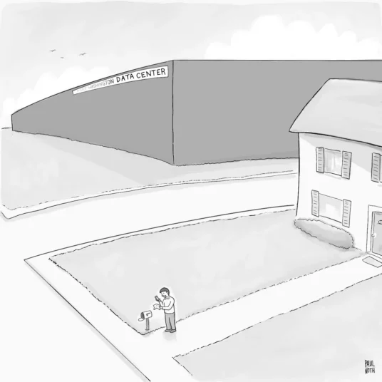 A man stands next to his mailbox examining a piece of mail. Looming next to his house is an enormous building labelled...
