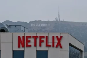 In an aerial view, the Netflix logo is displayed at a company office on May 12 in Los Angeles.