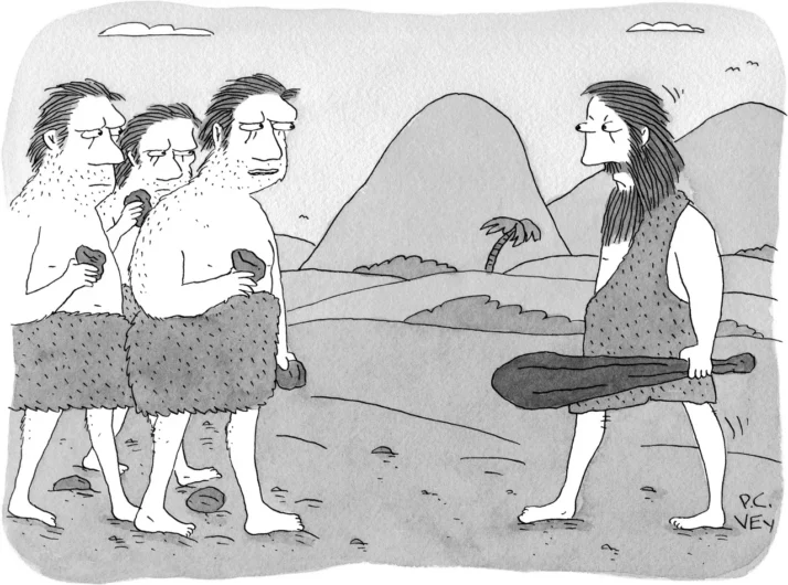 Caveman holding club walking up to three cavemen all holding rocks.
