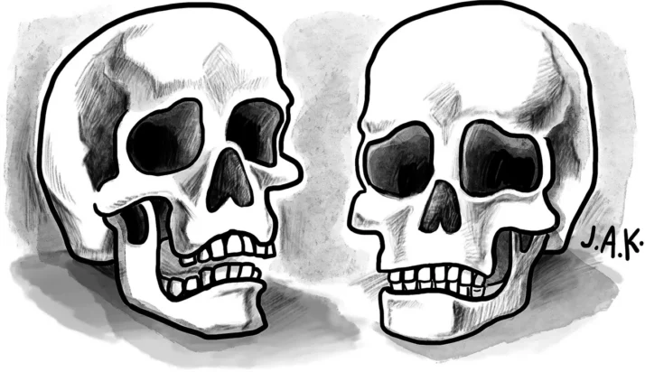 Two skulls talk to each other about Yorick from Hamlet.