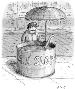 Street vender with huge vat labelled “A.I. SLOP.”