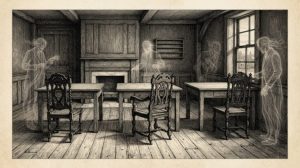 Empty chairs in a dim counting house, ghostly translucent figures of clerks fading from the frame while bare desks wait - a conceptual metaphor for back-office automation absorbing junior roles.