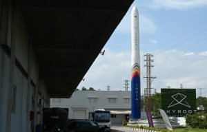 A model rocket on Skyroot Aerospace’s Infinity Campus.