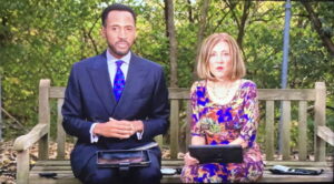 WKRC-TV's Kyle Inskeep and Paul Toti anchored the 5 p.m. news from a patio bench outside the newsroom Tuesday due to a flooded restroom.